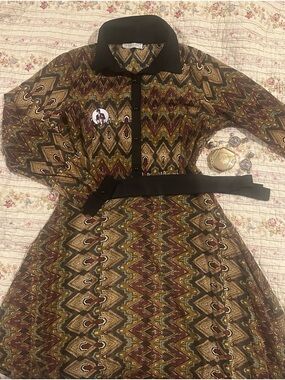 Tuncay Ozturk 70s Style Maxi Dress Bohemian Hippie Belted Geometric Ethnic Print